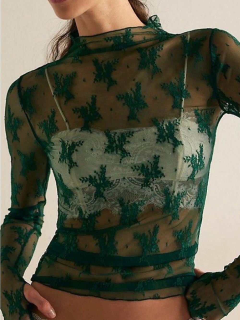 Free People Emerald Green Sheer Lace Long Sleeve Top NWT XS